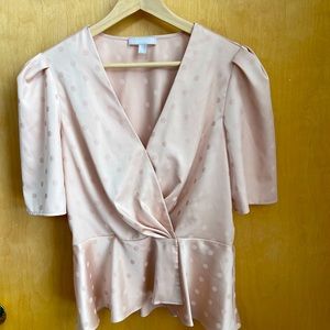 Peachy Polka Dot Blouse With Puff Sleeve & Peplum Waist